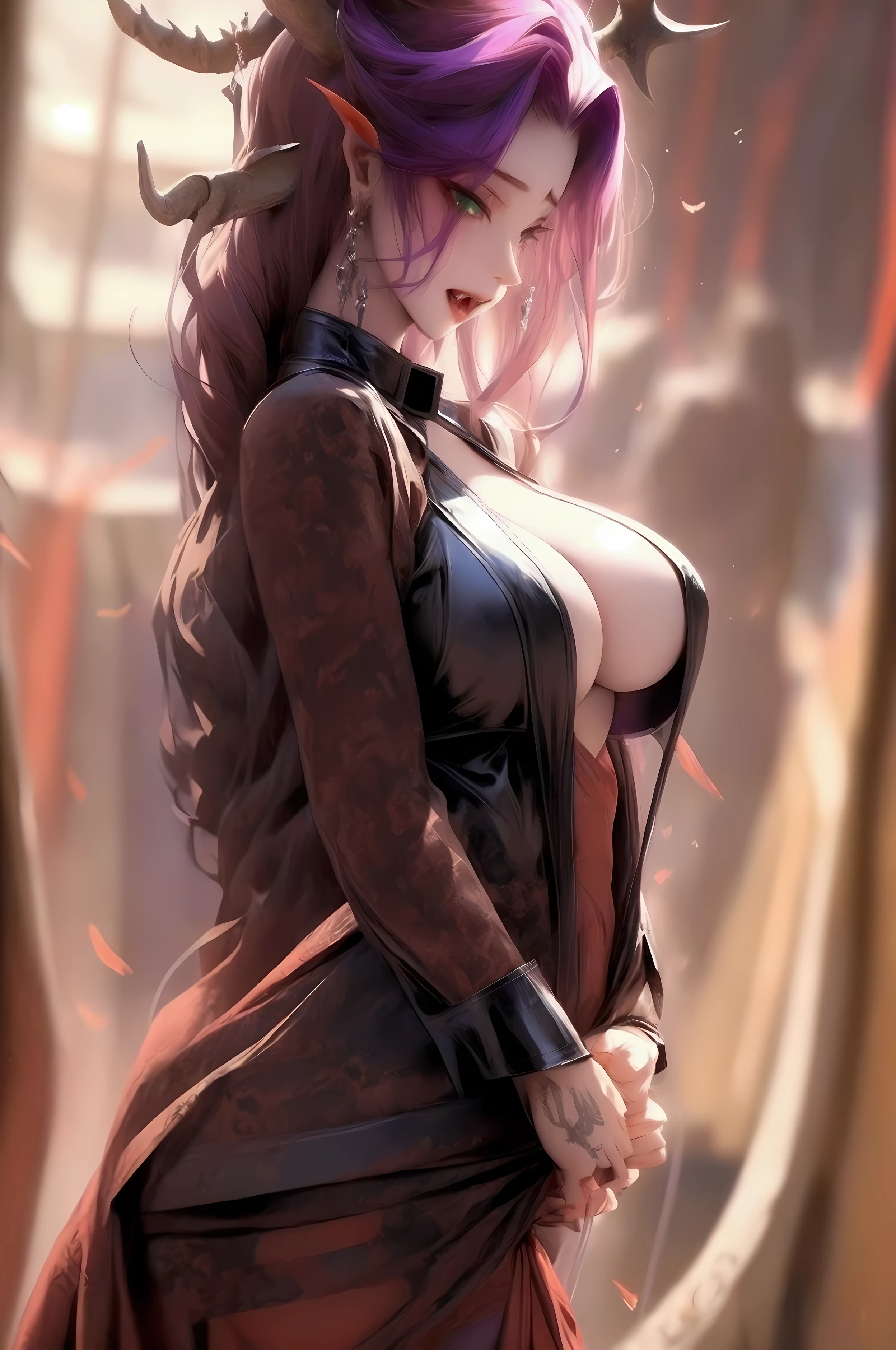 hair purple, Pale skin, Fangs, dragon horns, dragon wings, green eyes, leather shirt, big breasts,