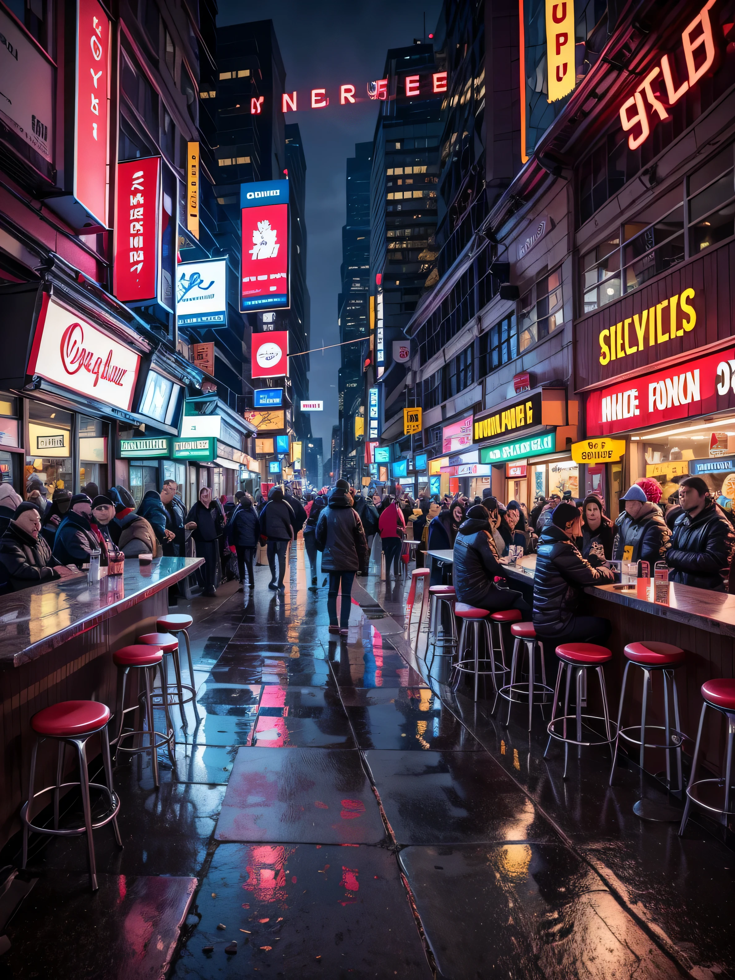 (((Masterpiece))),high resolution,realistic details,sharp focus, hyper-realistic landscape photo of a dystopian bar in New York City set in the year 2527, cyberpunk. Photo should feature futuristic bar, a guy sitting at bar with sharp details, depth in vision, illuminated by vibrant neon lights and holograms. Capture the scene from a street-level perspective during a dark and rainy night. The atmosphere should convey a bustling yet ominous mood, highlighting the contrast between the dystopian environment and advanced technology.(Very detailed: 1.3),4k