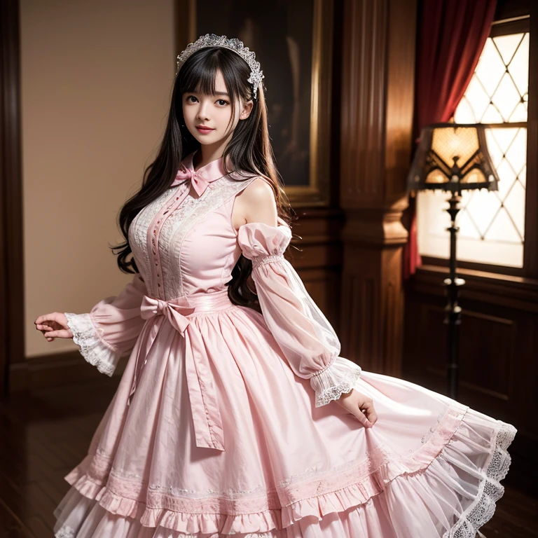 Side view,side angle, Bow tie at the back of the waist, There is a bow on the back,Sideways photo, Skirt length to calf, cupcake dress, Layered skirt with lace on each layer, Put on a lolita dress, layered dress, Pink Lolita dress, lots of lace, Long sleeve, Wide sleeves, Big Skirt, Layered lace skirt, Lace skirt,Puff sleeves, Wide sleeves, Transparent sleeves, intricate details showcase the ruffles and intricate designs of the Lolita dress, Wearing a lolita dress, in a sea of flowers, best quality, Delicate face,beautiful visual work, lifelike, eternity, black hair, Long curly hair, blunt bangs, Smile, Detailed Background, Delicate face,blush,cold,((masterpiece))、(top quality)、8k、high detail、Super detailed,41 years old,woman, masterpiece、born、Scenes resembling fairy tale illustrations、intricate details和複雜的設計、Beautifully、magic、capricious、 Beautifully、Dream aesthetics、「𝓡𝓸𝓶𝓪𝓷𝓽𝓲𝓬、ethereal、charming、fickle、magic」、realism、Visual effects、FXAA、SSAO、Shader、voiceless、ambient lighting、Tone mapping、High resolution、Ultra high quality、Million pixels、(8K resolution:1.10)、8k、8k以下、8K resolution、high detail、intricate details, (high quality:1.2、masterpiece:1.2、:1.21)、(41 years old,woman:1.21)、(興奮地Smile)、(Surrounded by a dreamy atmosphere、Model diagram,full-body shot,Normal 2 feet,Put your hands behind your back,Breast protrusion visible when wearing clothes, Large Breasts, H cup chest, pink dress, Don't show your fingers, full-body shot, full-body shot,full-body shot,full-body shot,full-body shot,full-body shot,full-body shot,full-body shot,Hands hidden in clothes, Hands hidden in clothes,Hands hidden in clothes,Hands hidden in clothes,Hands hidden in clothes,Hands hidden in clothes,Hands hidden in clothes,Hands hidden in clothes,Hands hidden in clothes, ,Hide your hands in your sleeves ,Hide your hands in your sleeves ,Hide your hands in your sleeves ,Hide your hands in your sleeves ,Hide your hands in your sleeves ,Hide your hands in your sleeves ,Hide your hands in your sleeves ,Hide your hands in your sleeves,skirt length to calf, full body photo,full body view,side view