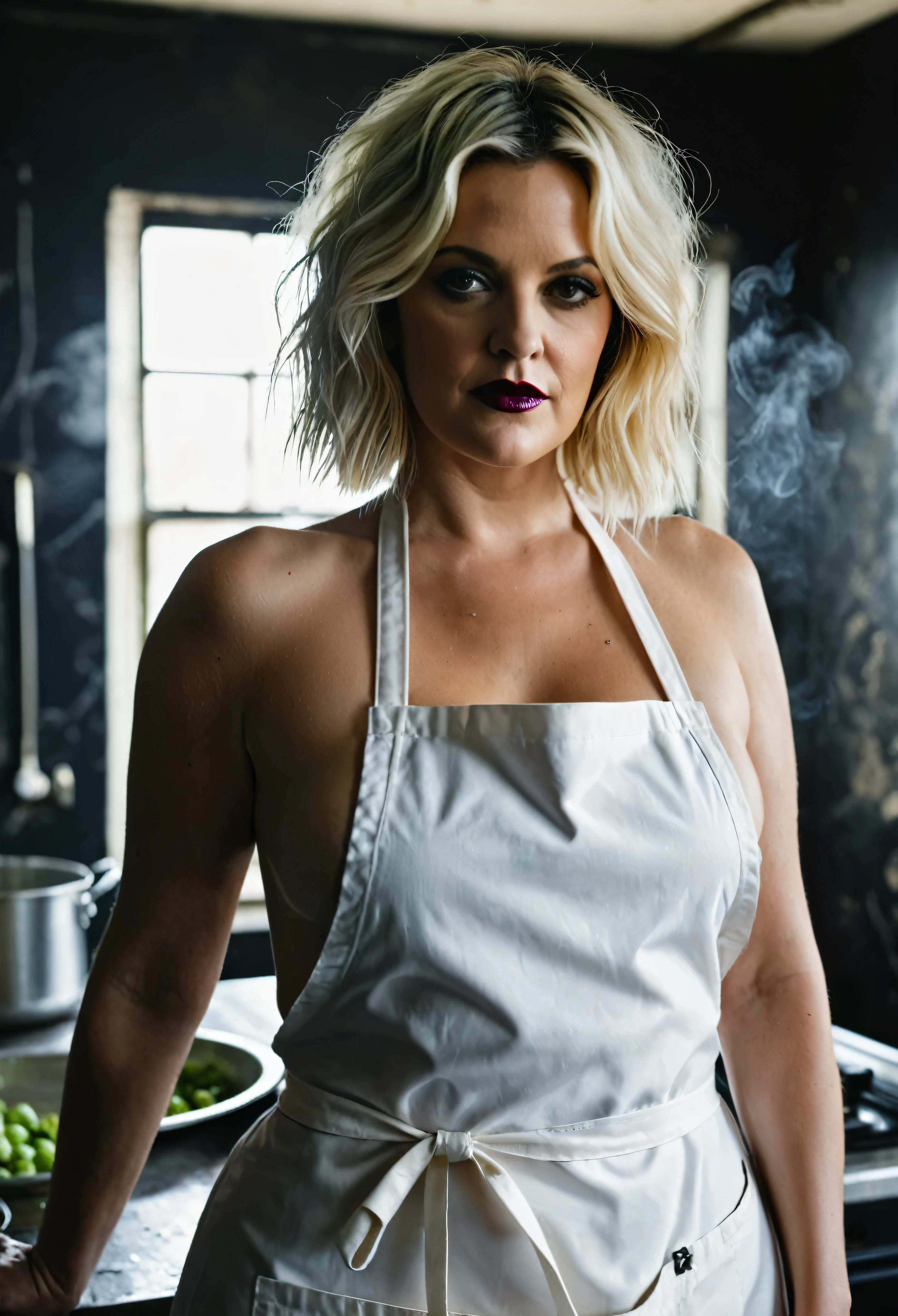 Wearing a naked apron, cooking apron, Looks like Drew Barrymore, extremely gorgeous, stunning beauty, sexiest milf, true milf, milf goddes, smokin' hot, mature lady, 50 years old Woman, sweat, sexy outfit, thick figure, bulky figure, heavy figure, fleshy body, fleshy arms, pawg beauty, thick ass, sensual dress, sexy tank top, ((Master piece, very realistic, best quality, highly detailed, Frontal view, DELICATE, PORTRAIT, WOMAN 50yo, AESTHETIC)) shallow depth of field, realism, photography, good proportions, narrow depth of field, tilt shift look, bokeh, anamorphic look, cinematic, dark and moody, ((a pale white complexion MODE with short WHITE color hair and bangs and smokey eye makeup, BLACK lips)), sweating body, wet skin, wearing black fashion designed by Rick Owens, a dark photograph by Tim Walker and Tom Hoops and Matt Mahurin, a dark liminal space, a desolate seedy hotel room with peeling wallpaper and black painted walls, symbolism, primordial fluids, uneasy feeling, dark occult imagery, melancholic ((very aesthetic))