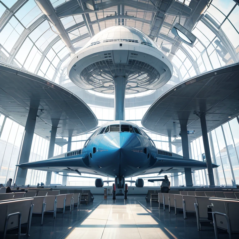 Commercial airplane parked in a futuristic airport.