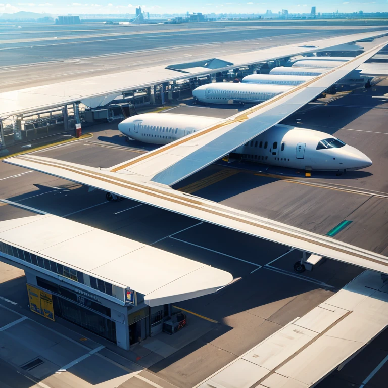 Commercial airplane parked in a futuristic airport.