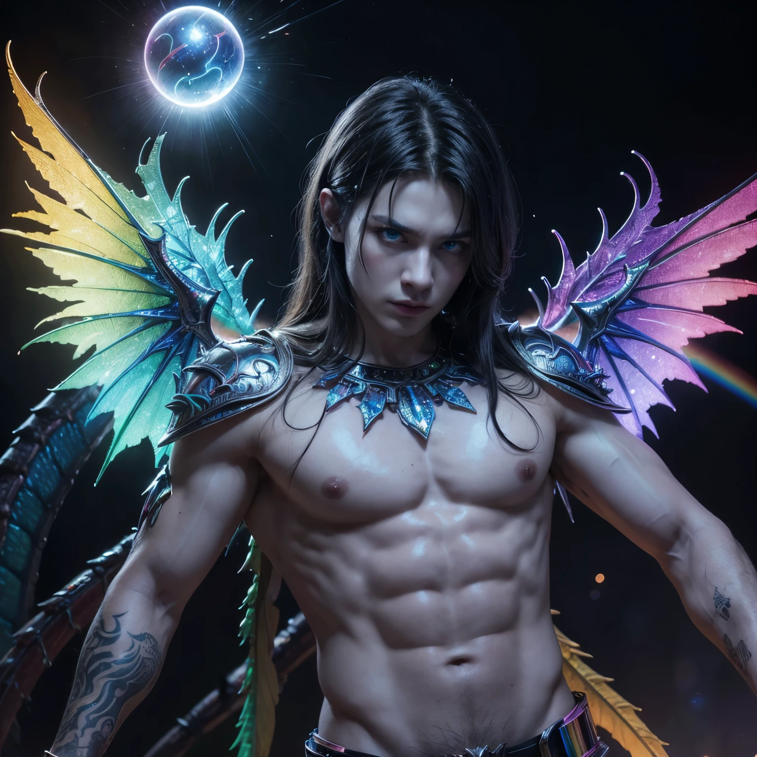 from low, best image, (8k, CRU photo, realisitic), Demon king, condescending look, bright and sharp blue eyes, abdomen, large iridescent rainbow wings, rainbow fire ball, rainbow mantle, dragon tattoos, blurry background fantasy, Galaxy, Iridescent light particles, iridescent lines, rainbow neon lights, Detailed and delicate representation, professional lighting