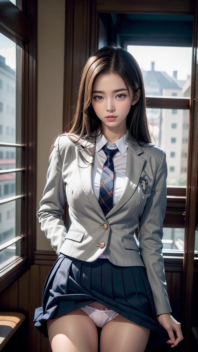 train, Molester, Exposed underwear,(2 people, 2 high school girls:1.2),Schoolgirl uniform、blazer