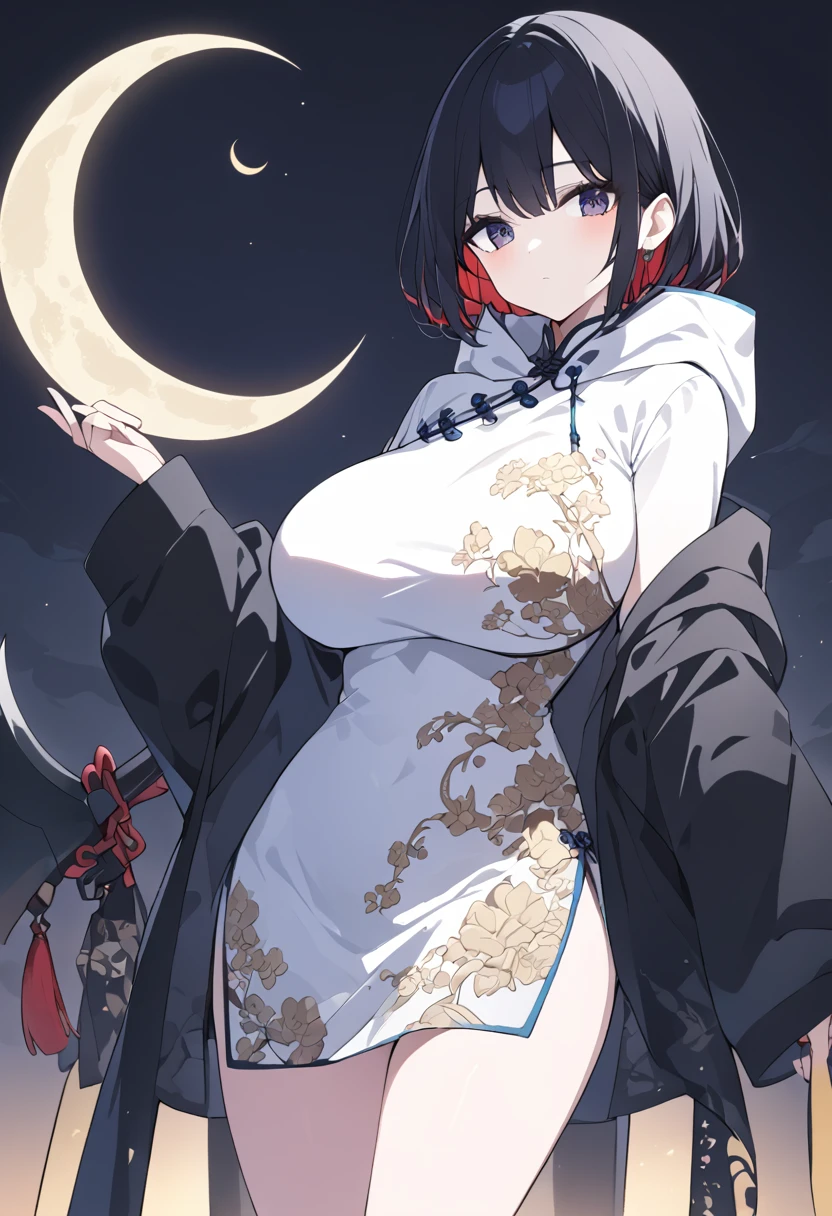 Black hair with short length and red highlights、Big Breasts、Dark atmosphere、White Chinese dress with gold floral pattern、Oversized hoodie、Black Axe、Standing with the crescent moon in the background