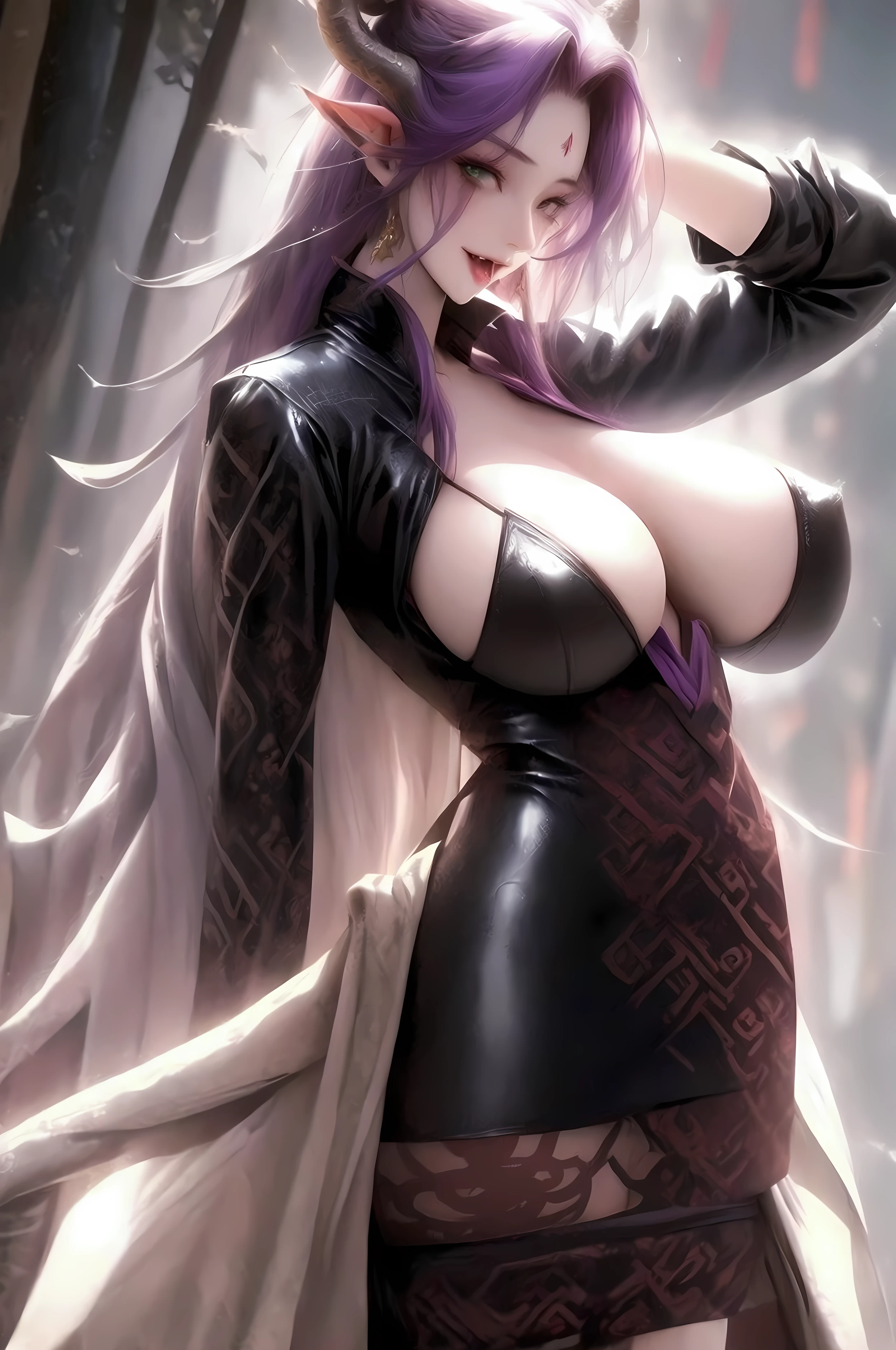 hair purple, Pale skin, Fangs, dragon horns, dragon wings, green eyes, leather shirt, big breasts,