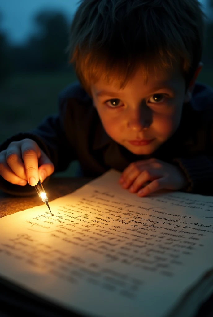 A close-up of a letter with the written message, illuminated by moonlight, showing the boy’s puzzled face.