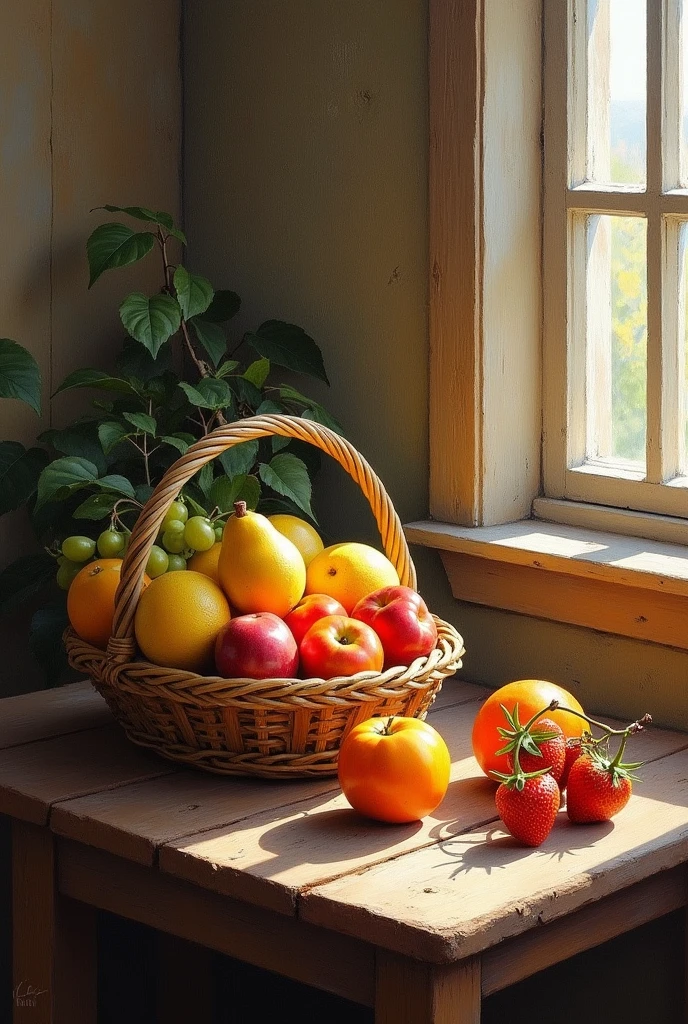 fruit basket, on the rustic table , food painting, centralized, 8k, Rendering, oil painting style, rustic wall, studio light