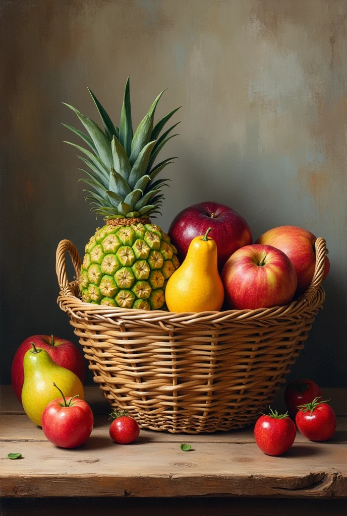 fruit basket, on the rustic table , food painting, centralized, 8k, Rendering, oil painting style, rustic wall, studio light