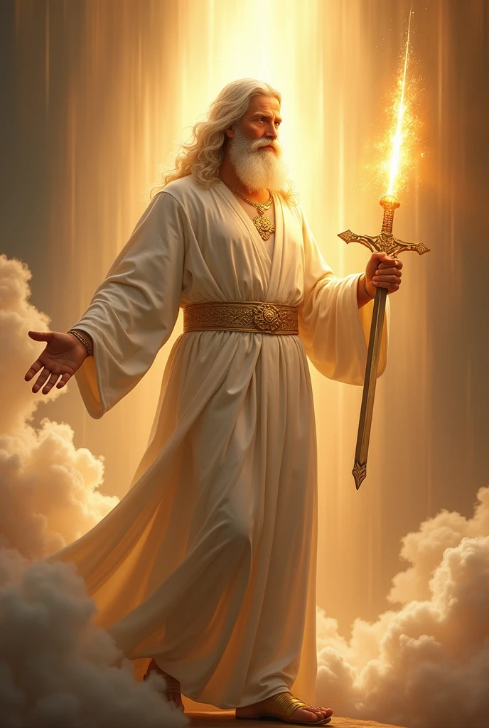 Create an image of Jesus with a beard and white hair.,A long white robe,cinched at the chest with a gold belt, Eyes like flames of fire, feet like shining brass and a sword coming out of his mouth.
