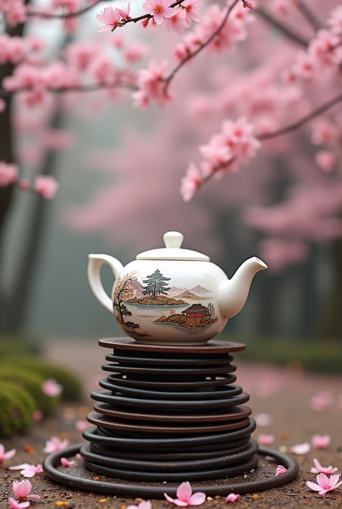 Several metal rings stacked forming a rudimentary stove where on top is placed a traditional white Japanese teapot with traditional paintings where they make tea around the forest scenery appearing traditional sakura trees all as if painted on an old traditional Japanese scroll