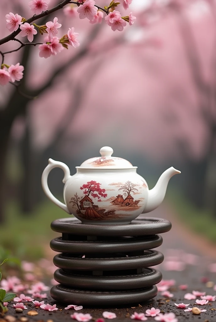 Several metal rings stacked forming a rudimentary stove where on top is placed a traditional white Japanese teapot with traditional paintings where they make tea around the forest scenery appearing traditional sakura trees all as if painted on an old traditional Japanese scroll