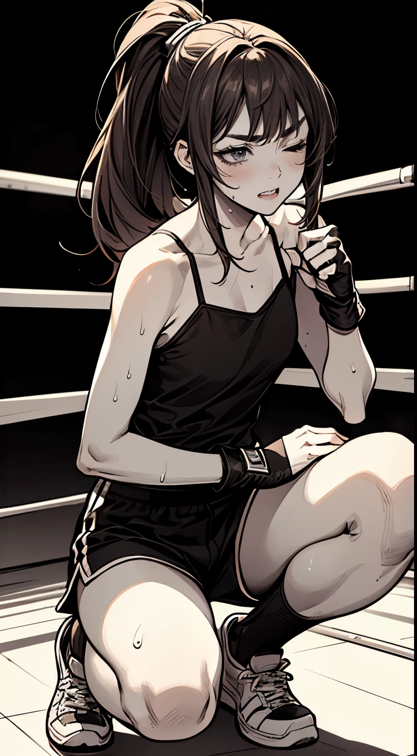 a bloody cute japanese high school girl fighter is beated down in a ring. she is groggy. she is defeated. she is knocked out. she have short-cut black hair, shortness of breath, drool from her mouth, one closed eye, exhaustion, and sweat soaked. bra-top. open finger grobe.