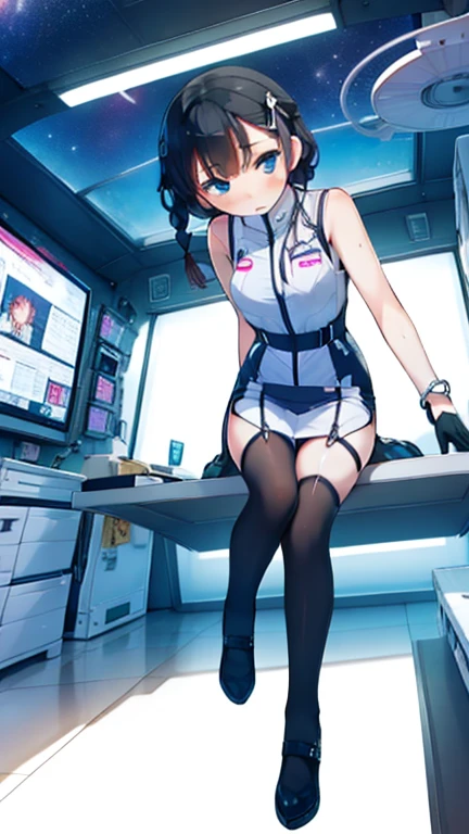 (Highest quality), (masterpiece), 1080P, High resolution, 4K, 8k, Inside the space station、Futuristic room、Thigh straps, Shooting from directly below, The woman on top of me, 白いSweat, Covered , Sweat, Woman looking down, Skirt swimsuit, Thigh-high socks, To achieve this, , , whole body, Black leather shoes, Braided hair, Inner Color, Embarrassed face, Short black hair, bracelet, Bedroom,celestial body_Vest