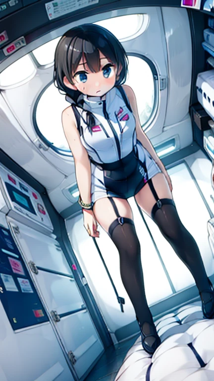 (Highest quality), (masterpiece), 1080P, High resolution, 4K, 8k, Inside the space station、Futuristic room、Thigh straps, Shooting from directly below, The woman on top of me, 白いSweat, Covered , Sweat, Woman looking down, Skirt swimsuit, Thigh-high socks, To achieve this, , , whole body, Black leather shoes, Braided hair, Inner Color, Embarrassed face, Short black hair, bracelet, Bedroom,celestial body_Vest
