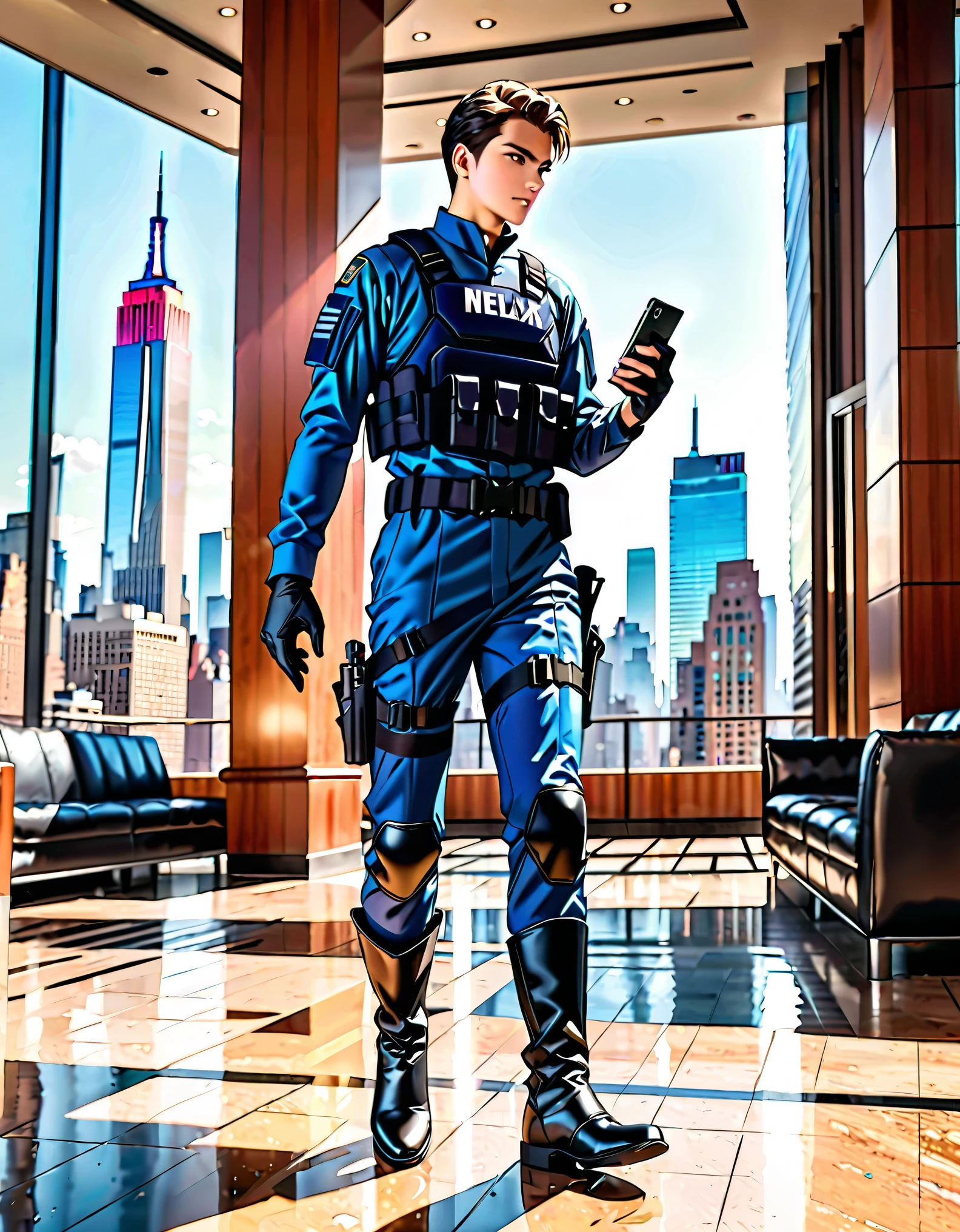 (best quality), (masterpiece), (highres), 1boy, solo, solo focus, male focus, blue swat uniform, black gloves, (belt, drop-down pistol holster), black boots, knee boots, cinematic lighting, daytime, New York backdrop, holding smartphone, modern lobby, indoors, looking away, relax pose, walking.