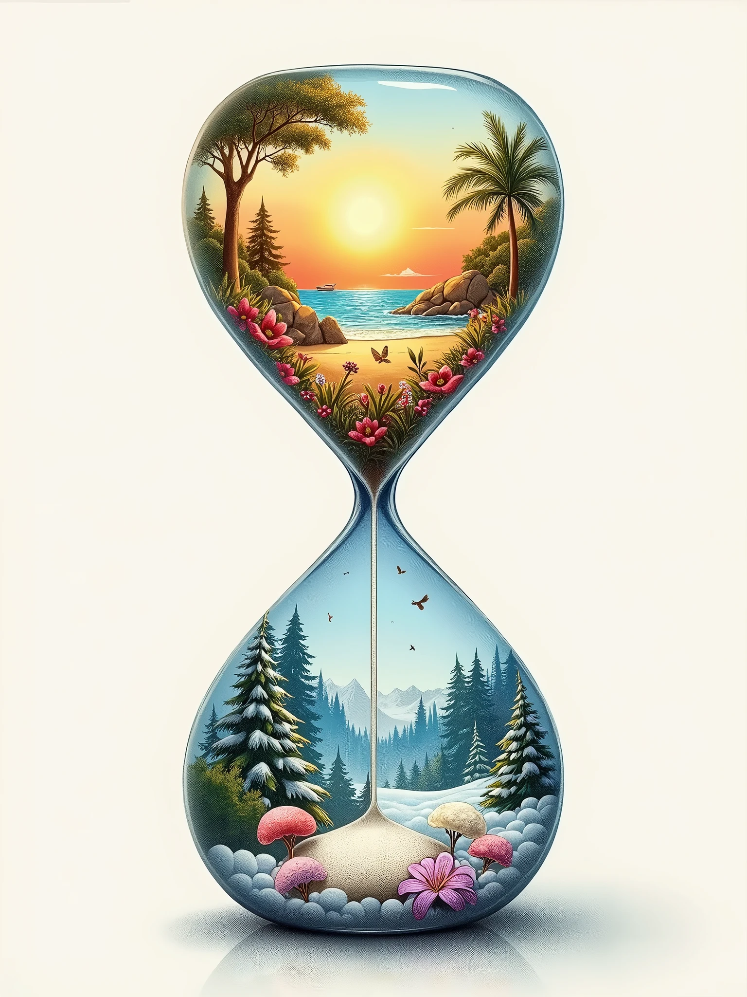 "Seasonal Reverie" emerges in 4K UHD Pop Art style with a magnified Double Exposure twist, exuding high-quality and heroic vibes. In dark amber and silver tones, the artwork portrays dual imagery of summer and winter through a double-exposed hourglass. The hourglass itself is crafted with intricate detail, the upper half glowing with warm amber hues representing summer, featuring sunlit beaches, lush greenery, and blooming flowers. The lower half is imbued with cool silver tones, depicting winter landscapes of snow-covered trees, icy rivers, and serene snowflakes.
Executed with a soft pastel drawing tool, the piece is intricate, realistic, and precise, showcasing delicate shading and fine details achieved through graphite techniques. The soft pastels add a dreamy quality, blending the seasons seamlessly within the hourglass. The background remains minimalistic, allowing the double-exposed hourglass to be the focal point, capturing the essence of time and the cyclical nature of the seasons.
Immerse yourself in the detailed and artistically precise depiction of the changing seasons, inviting viewers to explore the harmonious blend of two contrasting yet complementary elements. The composition is visually captivating and emotionally resonant, with each season's essence masterfully intertwined, highlighting the beauty of their coexistence in a single, heroic piece of art.