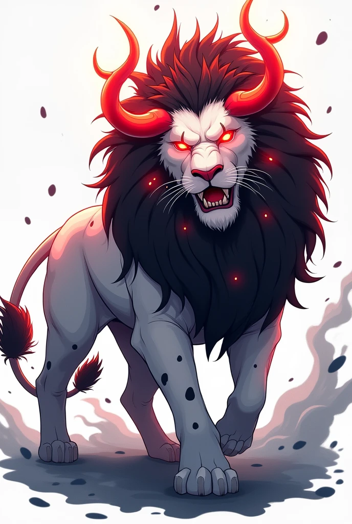 Great divine Lion, white with large black spots, completely black and gigantic tail, large red horns, aureoles surrounding its body, bright red eyes, expression of fury, anime styling, white background