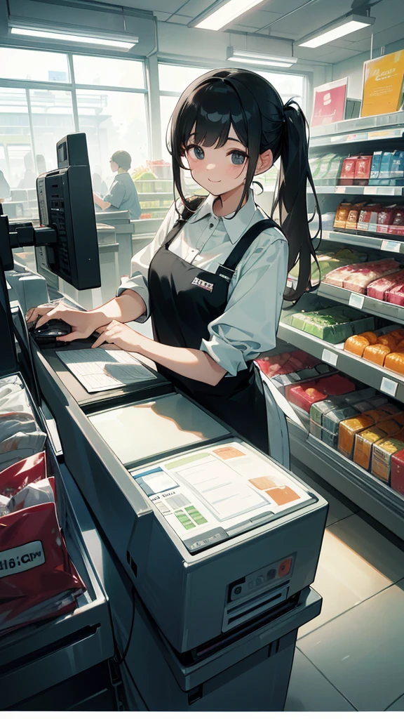 young woman,smile,((Standing inside the cash register)),Touching the cash register machine,Customer Service,((There is a cash register on the table)),(Scanning product barcodes at the cash register)),Each person has one register,Supermarket clerk,Wearing an apron,uniform,((Working as a cashier)),((There are multiple cashiers.)),((cashier,register,)),((Receive money from customers)),There are products on the shelves,In the supermarket,Bright interior,grocery store,There are customers.