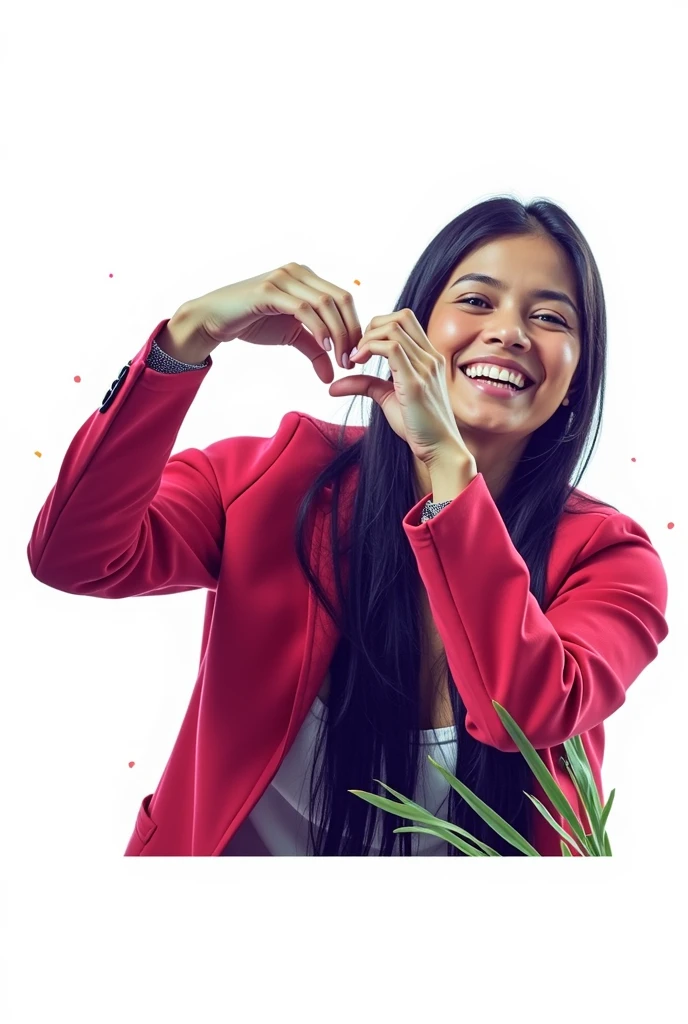 A woman with long black hair is sitting and making a heart shape with her hands, smiling at the camera. She is wearing a vibrant red blazer over a white blouse. pixar