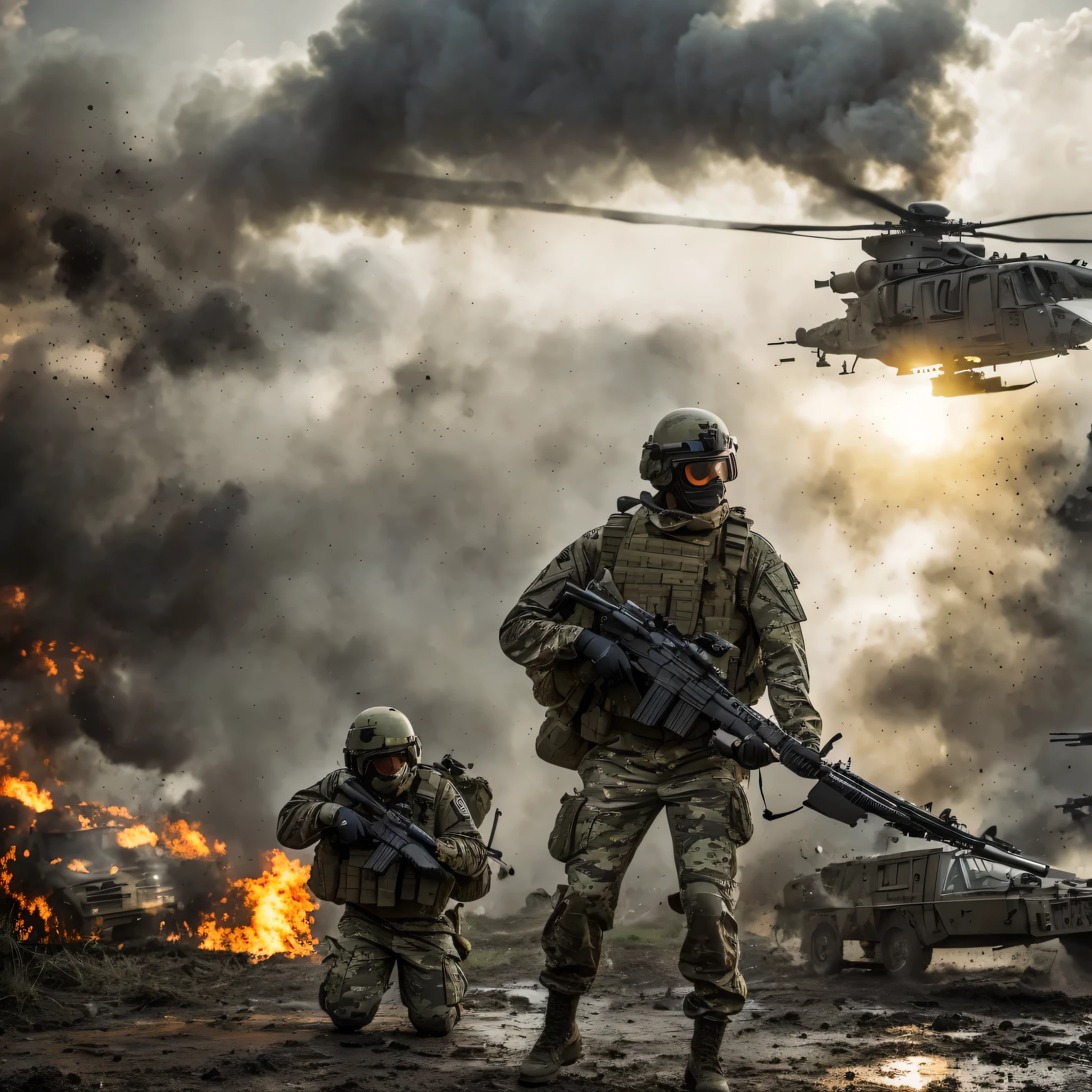 a highly trained special forces army soldier, sniper rifle, burning helicopter, war zone battlefield, gritty realistic combat scene, (best quality,4k,8k,highres,masterpiece:1.2),ultra-detailed,(realistic,photorealistic,photo-realistic:1.37),military,tactical gear, intense action, dramatic lighting, cinematic composition, grungy textures, dynamic pose, determined expression, camouflage uniform, muddy terrain, smoke plumes, destroyed vehicles, explosions in background