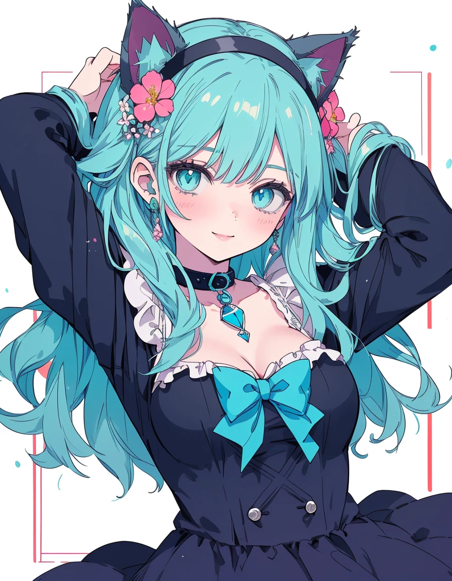 flower arrangement, smile, wink, arms up, ((masterpiece, best quality:1.5)), ((Beautiful detailed cat aqua eyes:1.2)), cat ears, pale skin, medium breasts, beautiful hands, beautiful fingers, EasyNegative