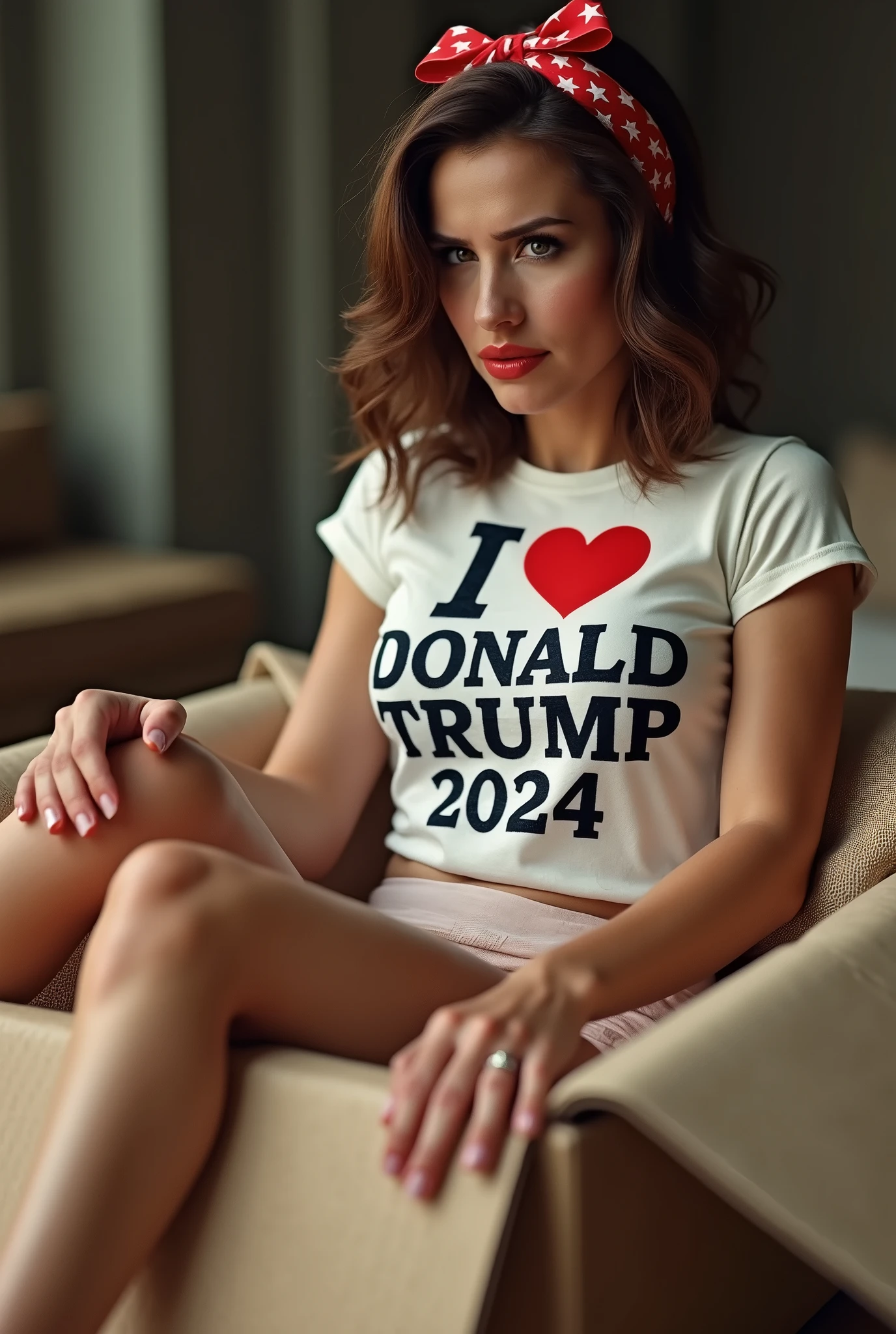 Imagine a beautiful Milf adult Jewish American Rachel Maddow the MSNBC reporter  brown butch hair, She is a frightened ,ashamed and embarrassed Beautiful and realistic face, that they are dressed in a hot tight t-shirt with "I ❤️ DONALD TRUMP  2024  she is wearing a Adult woman diaper., to show his feet, In heels, asleep , that is covered in plastic, with a gift bow on her head, sitting inside a cardboard box with polystyrene, realistic feet, Whole body, opening your legs 