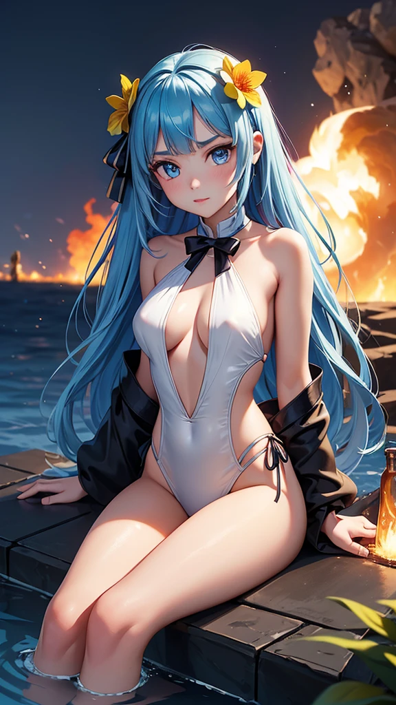 masterpiece, exquisite, {beautiful and meticulous girl}, beautiful and detailed halo, (fire of war: 1.2), (fire explosion behind: 1.3), rain, detailed lighting, detail water, (beautiful and detailed eyes: 1.1), glitter_force, palace, sky blue hair, scattered hair, long bangs, eyebrows, (Open Stitch Ring Linked Halter Neck Backless Swimsuit: 1.1), black ribbon, white bow tie, upper abdomen, big forehead, flower, sitting in the water, leaning back