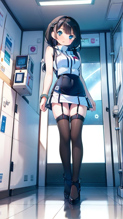 (Highest quality), (masterpiece), 1080P, High resolution, 4K, 8k, Inside the space station、Futuristic room、Thigh straps, Shooting from directly below, The woman on top of me, 白いSweat, Covered , Sweat, Woman looking down, Skirt swimsuit, Thigh-high socks, To achieve this, , , whole body, Black leather shoes, Braided hair, Inner Color, Embarrassed face, Short black hair, bracelet, Bedroom,celestial body_Vest
