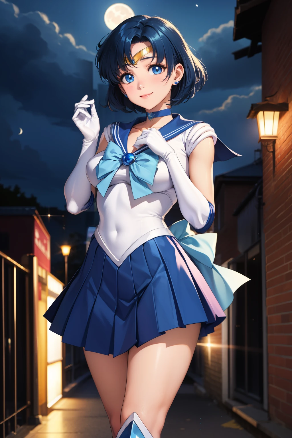 masterpiece, best quality, highres, absurdres, ultra detailed, pretty eyes,
mer1, tiara, sailor senshi uniform, blue sailor collar, bow, knee boots, choker, white gloves, blue choker, elbow gloves, jewelry, earrings, blue skirt
blowing kiss, cowboy shot, night, outdoors, moon, smile, city,
