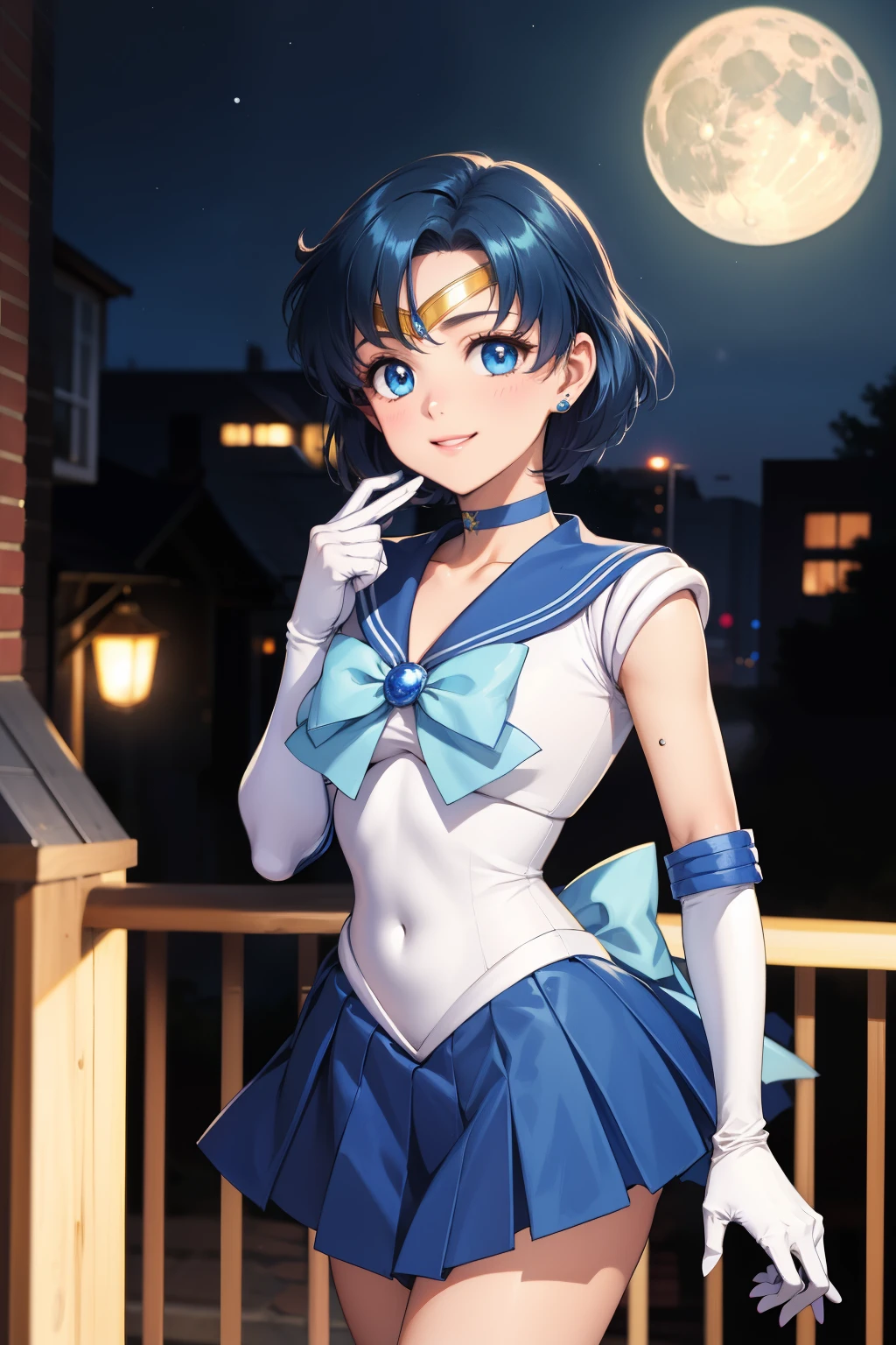 masterpiece, best quality, highres, absurdres, ultra detailed, pretty eyes,
mer1, tiara, sailor senshi uniform, blue sailor collar, bow, knee boots, choker, white gloves, blue choker, elbow gloves, jewelry, earrings, blue skirt
blowing kiss, cowboy shot, night, outdoors, moon, smile, city,