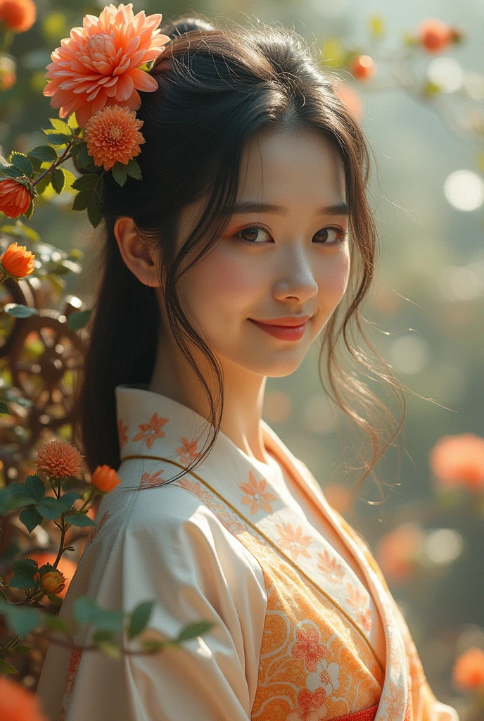 A fantastical dream world、A Japanese woman with medium-length hair, elegantly dressed, under natural light.、A close-up of her chest and gentle smile.、It showcases her inner peace and outward charm.、Surrounded by flowers and gears、A princess with a lovely smile is calling out to you with open arms。