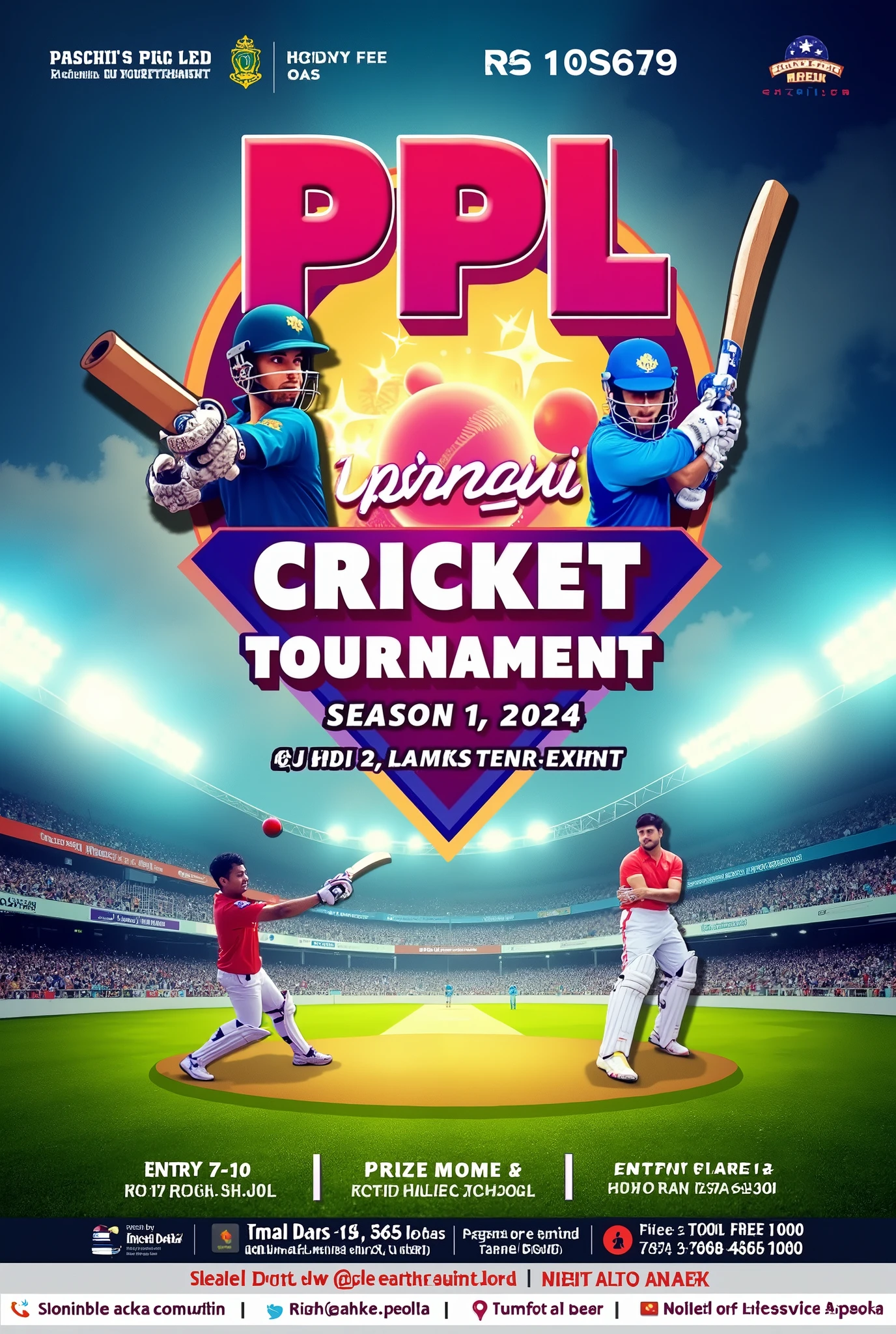 Make a poster
PPL SEASON-I, 2024.
Vanue-Paschim Pilak High School. 
Date- 31st Aug & 1st Sep.
Subject- cricket tournament.
Entry Fee-1000.
Champion-12000. 
Runner up-5000.
For details 
contact 
Tamal Das-8837078303
Rakesh Datta-9862820075