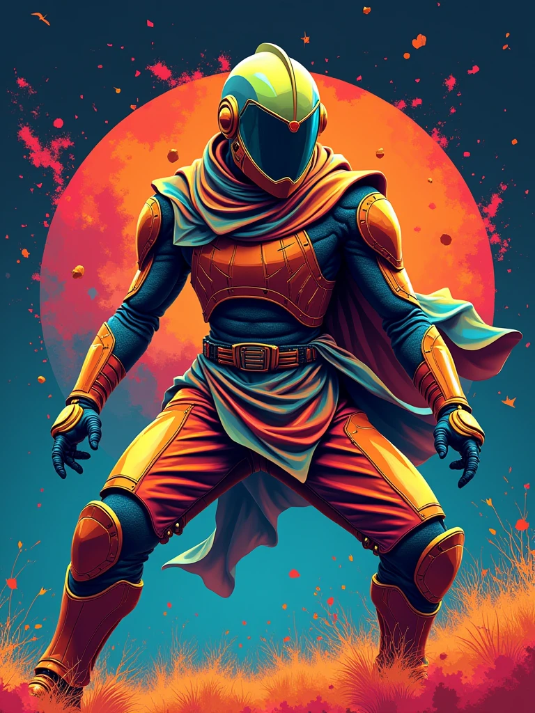 Vibrant, pop-art style illustration featuring a futuristic, armored figure in a dynamic martial arts pose. The figure is composed of bold, geometric shapes and vivid colors, including shades of red, orange, yellow, green, blue, and purple. The armor is highly detailed with intricate patterns and highlights, giving it a metallic appearance. The background is a solid dark blue, which contrasts sharply with the bright colors of the figure. The figure's helmet has a sleek, angular design with a visor that obscures the face, adding a sense of mystery. The right arm is extended forward with an open hand, while the left arm is bent at the elbow, positioned near the torso. The lower body is in a crouched stance, suggesting readiness for action.