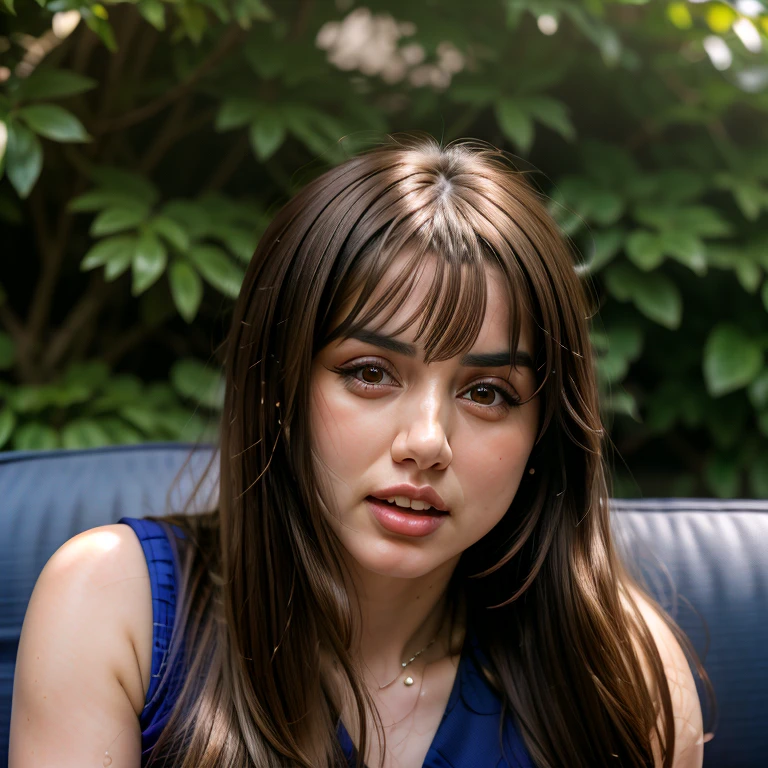 face closeup photo of anamr, kneeling in sofa (sofa:1.2), detailed skin, 8k uhd, dslr, soft lighting, high quality, film grain, long hair, 4K, HDR, outdoors, sunny, portrait photo, seductive gaze, seductive position, in pleasure, hot, sensual, scream