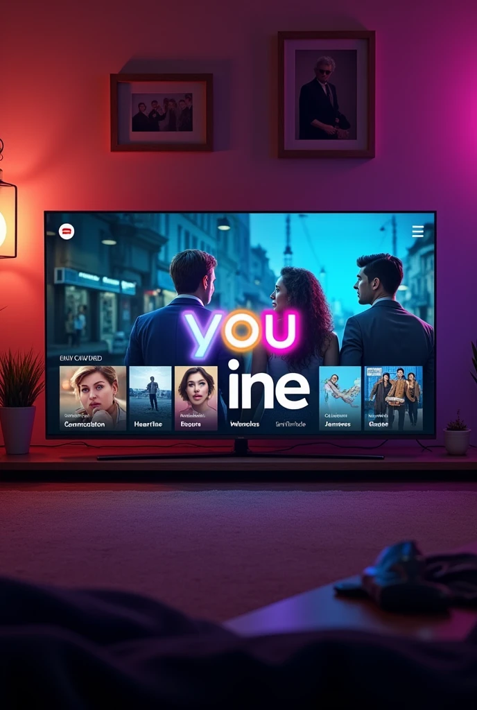 Platform presentation with the You cine logo on a TV with a background of its content summarized