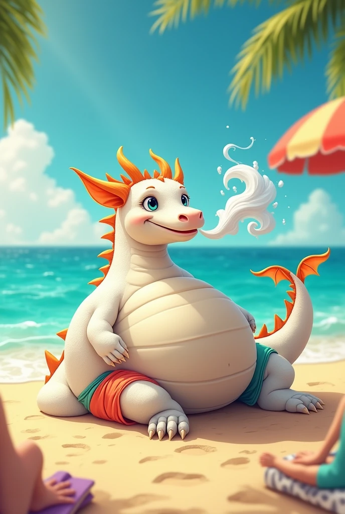 A white clean fat dragon wearing Bermudas laying on his stomach at a beach. Has an smirk and a belly button. And is farting with visible gas