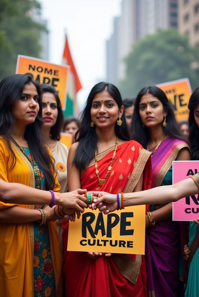 Women protesting with poster against rape case and time rakhi to her brother