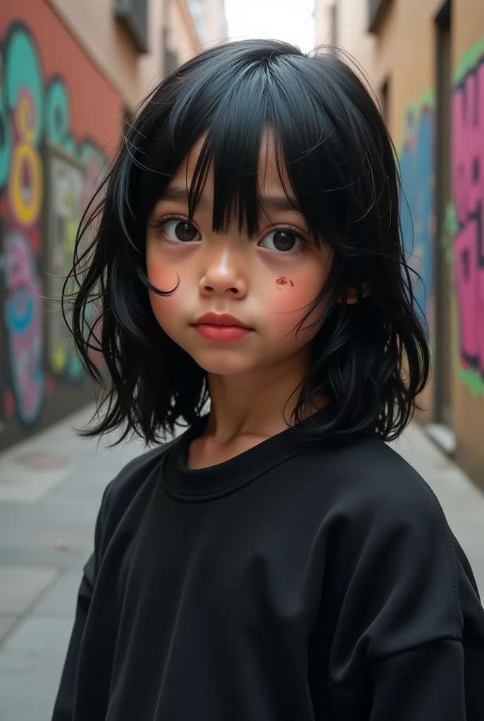 A boy with long black hair down to his shoulders, hazel eyes, thin red lips, marked jaw, you leave thick and the right with a scar and dressed in a black sweatshirt