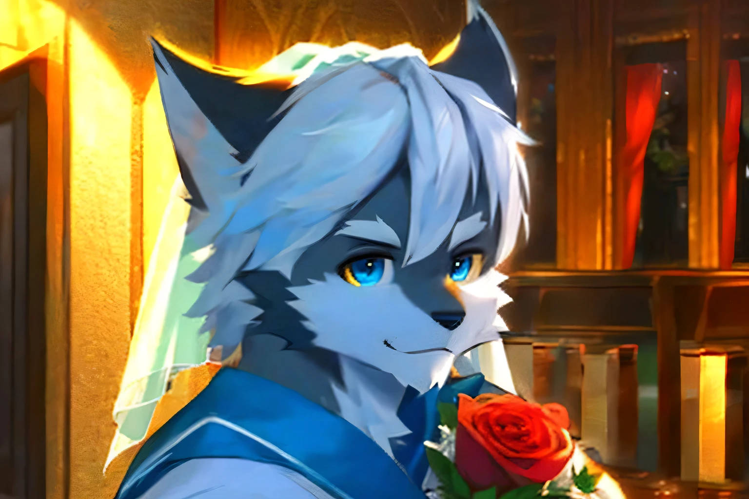 From《Tokyo After School》The character "Shen Wei"，Blue headscarf，Werewolf，Gray fur，White hair，Strong body，Boys，noon，Rose，wedding，wallpaper，Soft lighting，Cinema-level composition，8k