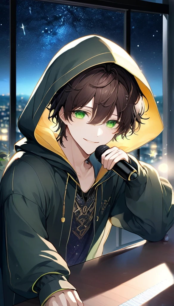 ((masterpiece)), ((Highest quality)), ((High resolution)), ((In detail)),((Highest quality, 8k, masterpiece)), A beautiful boy is depicted。He has short, curly, dark brown hair.、The green eyes are striking。He is wearing a beautiful outfit with a hood。Less exposed skin、The sleeves are long and hanging down。He stands in a dark room at night、Looking straight ahead and smiling quietly。There are large windows surrounding the room, allowing you to enjoy the starry sky.、You can see a beautiful starry sky from the window.。On the desk is a tabletop microphone with a pop filter attached.。You can see him doing a podcast here。