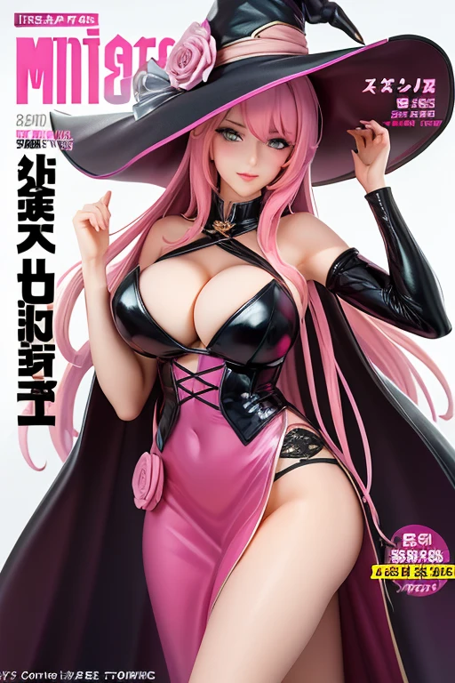 Magazine cover, witch, sexy pose, big breasts, pink sexy dress, pink air, pink witch hat
