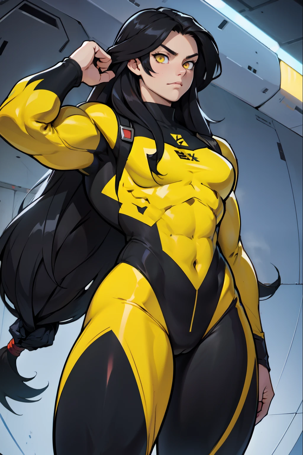 ((((1girl muscular)))) thick thighs pale skin black hair very long hair yellow eyes small breasts