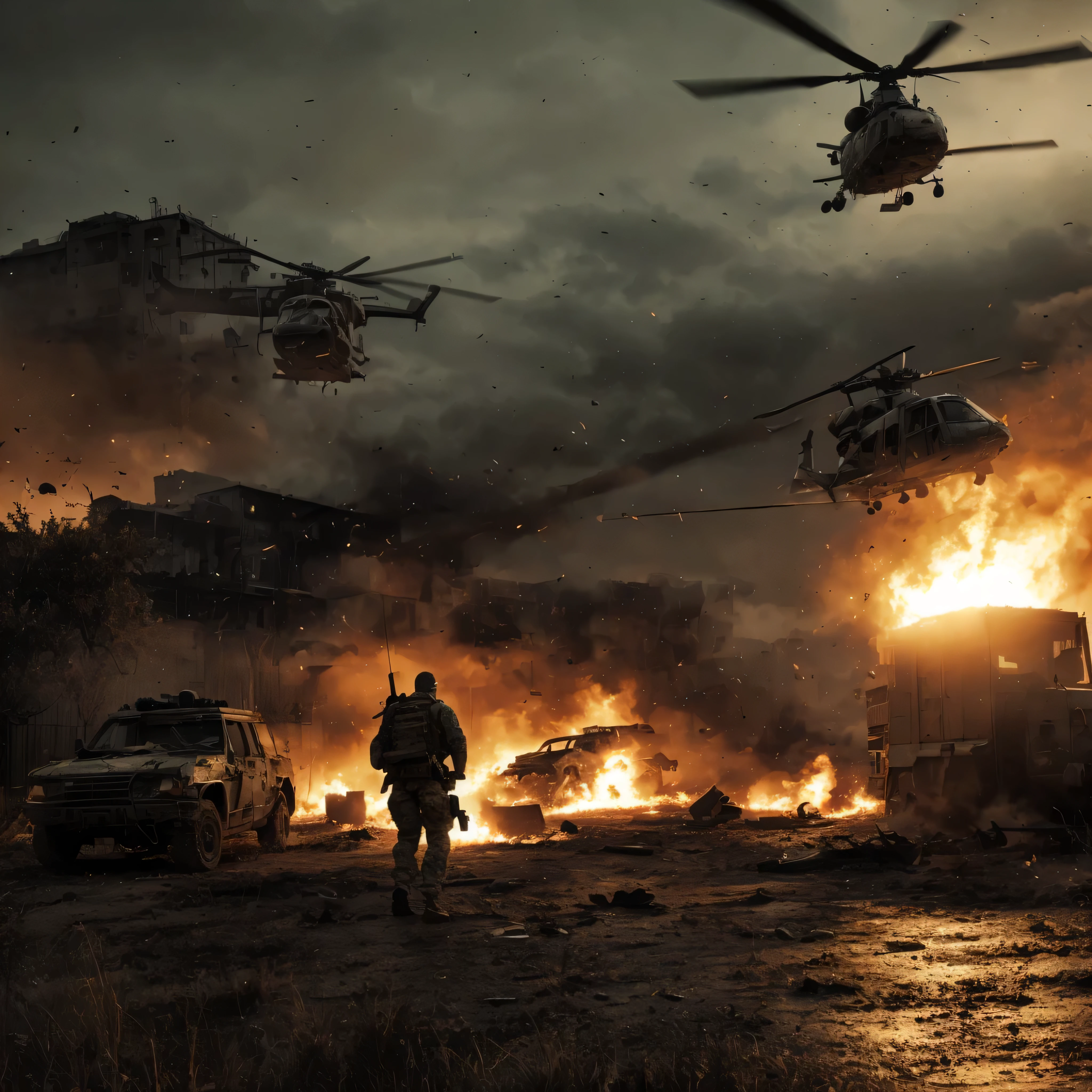 a highly trained special forces army soldier, sniper rifle, burning helicopter, war zone battlefield, gritty realistic combat scene, (best quality,4k,8k,highres,masterpiece:1.2),ultra-detailed,military,tactical gear, intense action, dramatic lighting, cinematic composition, grungy textures, dynamic pose, determined expression, camouflage uniform, muddy terrain, smoke plumes, destroyed vehicles, explosions in background