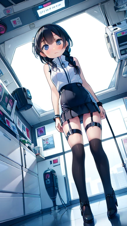 (Highest quality), (masterpiece), 1080P, High resolution, 4K, 8k, Inside the space station、Futuristic room、Thigh straps, Shooting from directly below, The woman on top of me, 白いSweat, Covered , Sweat, Woman looking down, Skirt swimsuit, Thigh-high socks, To achieve this, , , whole body, Black leather shoes, Braided hair, Inner Color, Embarrassed face, Short black hair, bracelet, Bedroom,celestial body_Vest
