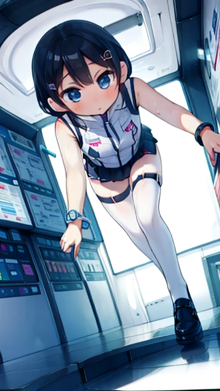 (Highest quality), (masterpiece), 1080P, High resolution, 4K, 8k, Inside the space station、Futuristic room、Thigh straps, Shooting from directly below, The woman on top of me, 白いSweat, Covered , Sweat, Woman looking down, Skirt swimsuit, Thigh-high socks, To achieve this, , , whole body, Black leather shoes, Braided hair, Inner Color, Embarrassed face, Short black hair, bracelet, Bedroom,celestial body_Vest
