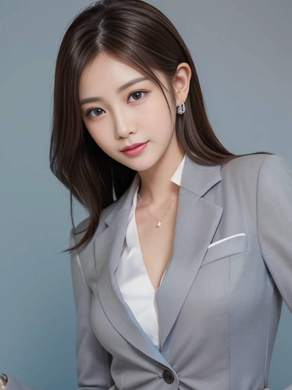 high quality, High resolution, masterpiece, completion, detailed.impressive, Cutting-edge female photography portraits, Taking a picture from the chest up、Look forward、A kind smile、Serious and gentle impression, Wearing a suit、A dress shirt is worn under the suit.、office lady、Professional Lighting,Japanese actress、Japanese women、alone、Attention to detail, (((A simple blue background:1.4))),((( Studio Light:1.3 ))),((Light light brown hair:1.2)),Beautiful dark makeup,Look straight ahead with your whole body in front,((((Beautiful face like an actress)))),((((Gray formal suit:1.4)))),Realistic proportions, Complex, Complexdetailed, Sharp focus,Professional photography,Passport Photo、Resume photo、new employee、Simple clothing、Close-up portrait
