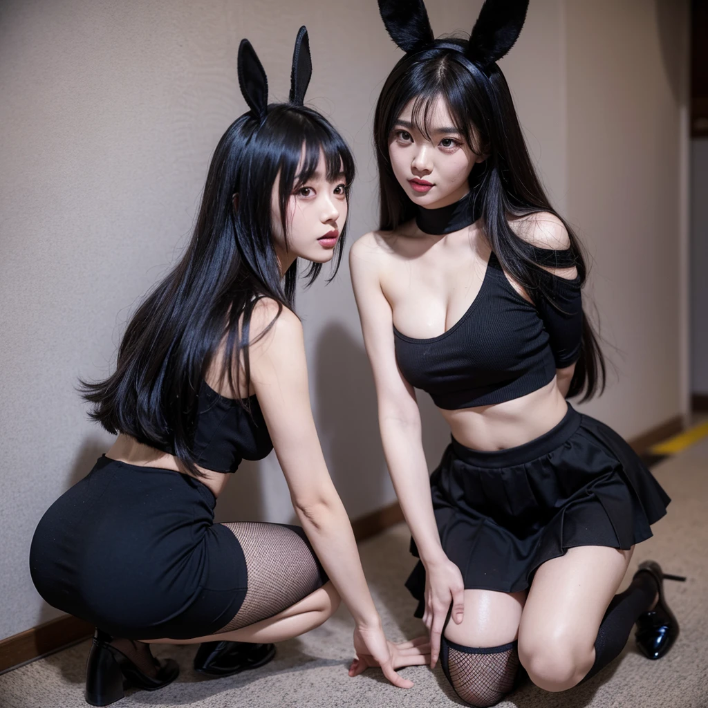 Multiple Very beautiful cute Hong kong female at anime con 2024 wearing fishnet stocking up to the waist and very short black skirt where you can see the whole butt to the waist and a thin small tight blue fishnet crop top showing under boob , wearing fake bunny ears and a black mask,white slimy liquid on her face and hair , sweating super hard , mega large breast, show full body, sexy body ,super huge big butt small waist, ideal body,kneeling,embarrassed, spreading legs, leaning onto wall