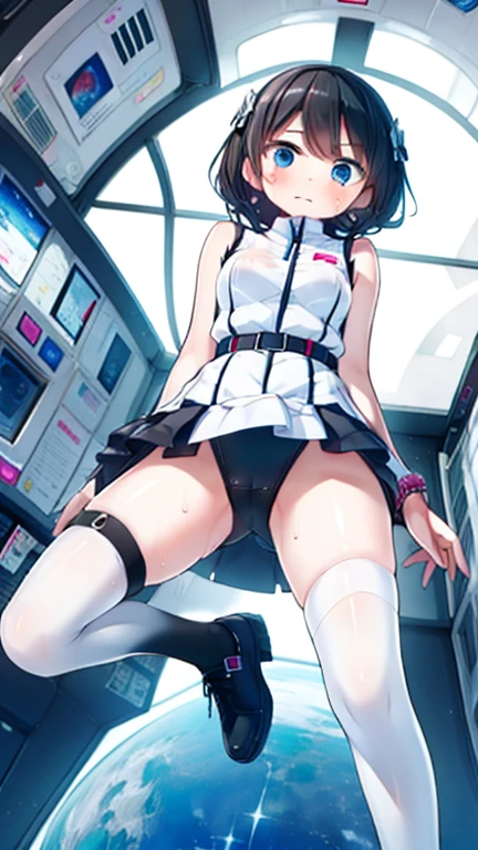 (Highest quality), (masterpiece), 1080P, High resolution, 4K, 8k, Inside the space station、Futuristic room、Thigh straps, Shooting from directly below, The woman on top of me, 白いSweat, Covered , Sweat, Woman looking down, Skirt swimsuit, Thigh-high socks, To achieve this, , , whole body, Black leather shoes, Braided hair, Inner Color, Embarrassed face, Short black hair, bracelet, Bedroom,celestial body_Vest
