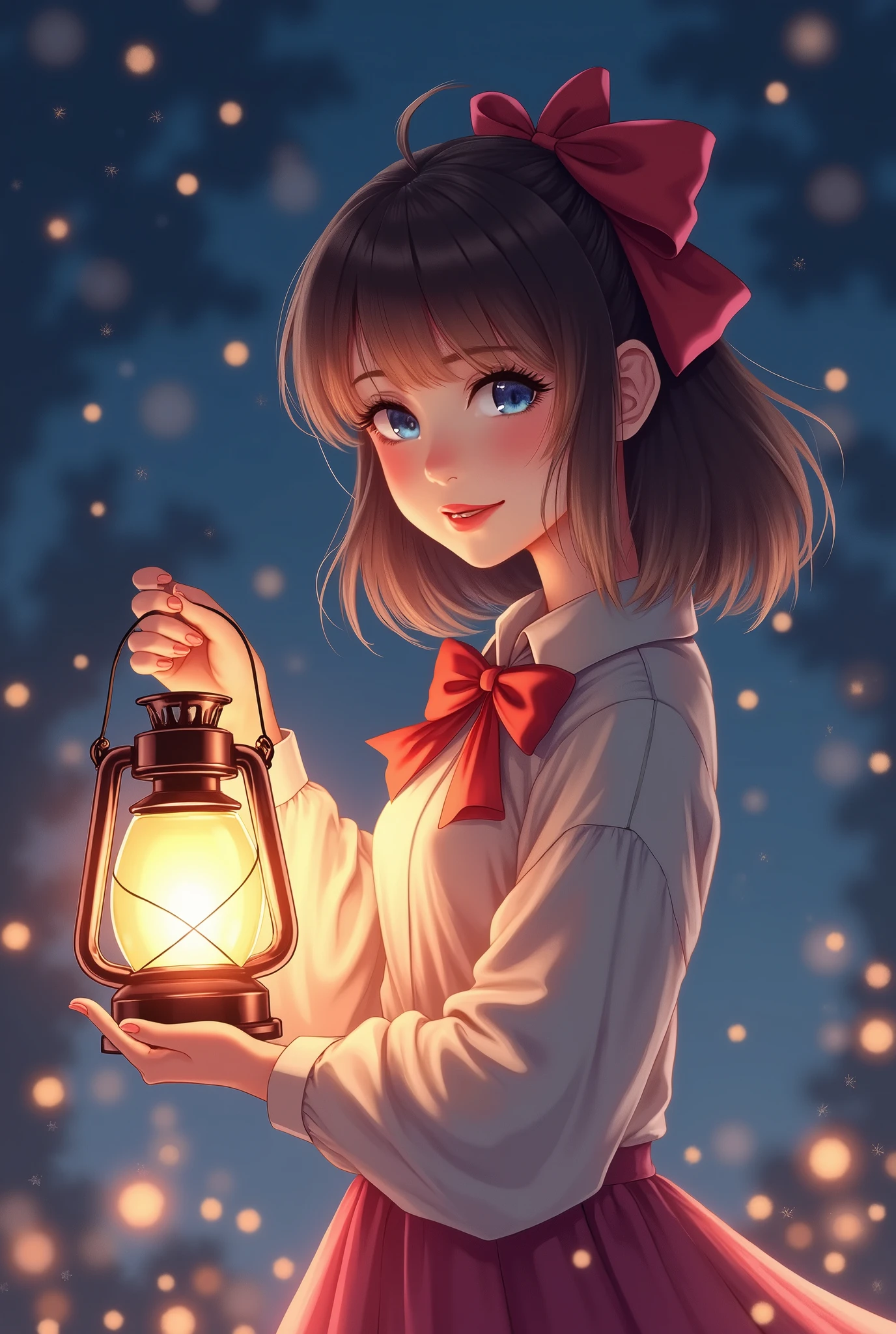 (extremely delicate and beautiful: 1.2), 1girl, bangs, blue eyes, blur, blur background, bow, brown hair, shut up, side view, hair between eyes, hair bow, lantern, light particles, long sleeves, look looking at audience, medium hair, night, red bow, solo, stars(symbol), upper body, smile, red lips